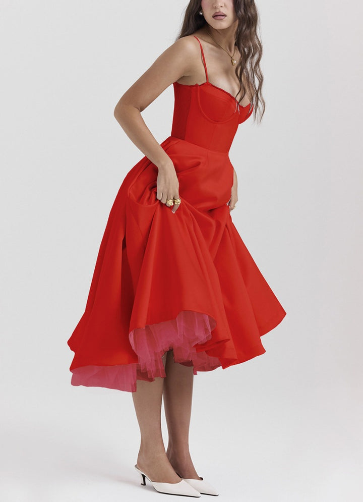 Ladies nan bustier dress with shaped bodice, soft flared skirt, integrated tulle underlay and side pockets StylebySassy
