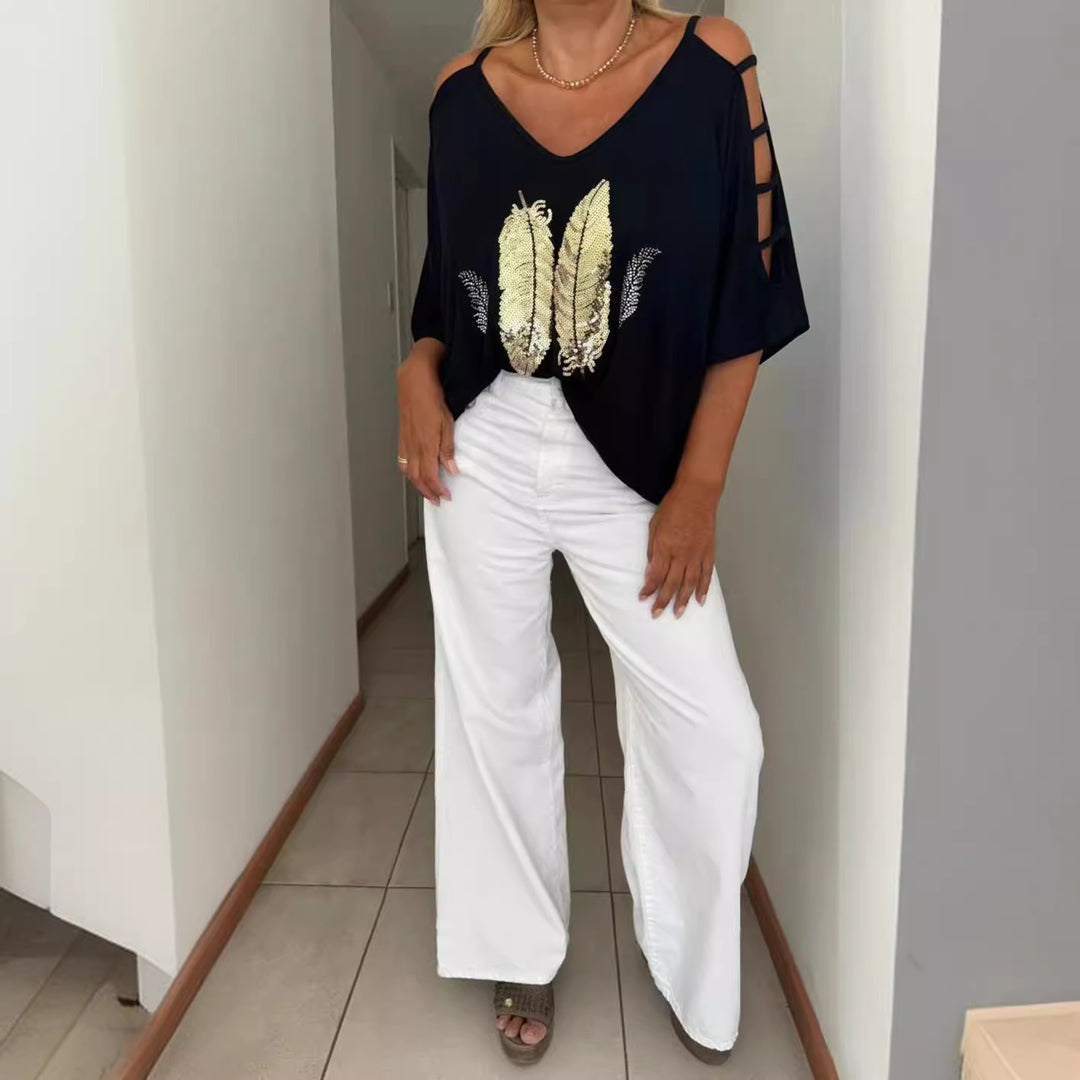 Ladies loose-fitting blouse shirt off-shoulder design with sequin-feather application and split sleeves StylebySassy