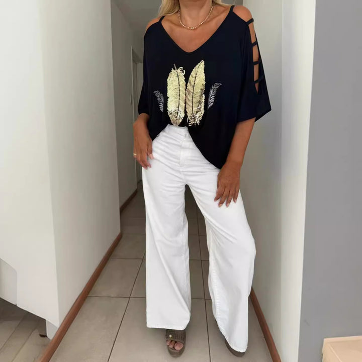 Ladies loose-fitting blouse shirt off-shoulder design with sequin-feather application and split sleeves StylebySassy