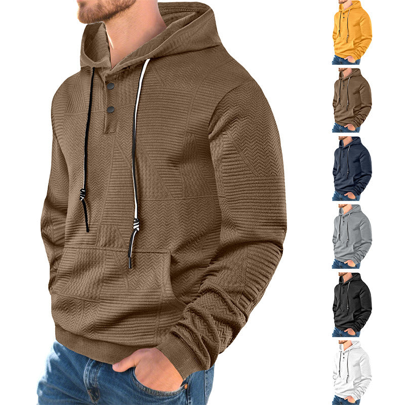 Men's hooded sweatshirt with geometric structure, Henley placket, and kangaroo pocket StylebySassy