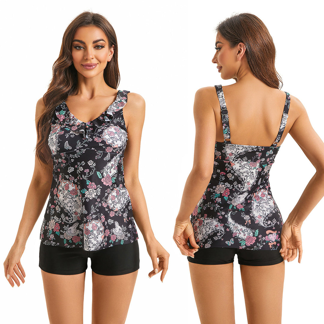 Women's tankini with floral ruffle design and shorts StylebySassy