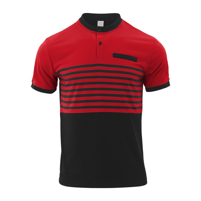 Men's short-sleeved striped short-sleeve shirt with button placket, stand-up collar and chest piping StylebySassy