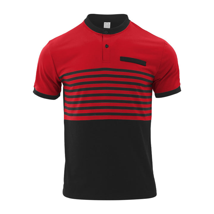 Men's short-sleeved striped short-sleeve shirt with button placket, stand-up collar and chest piping StylebySassy