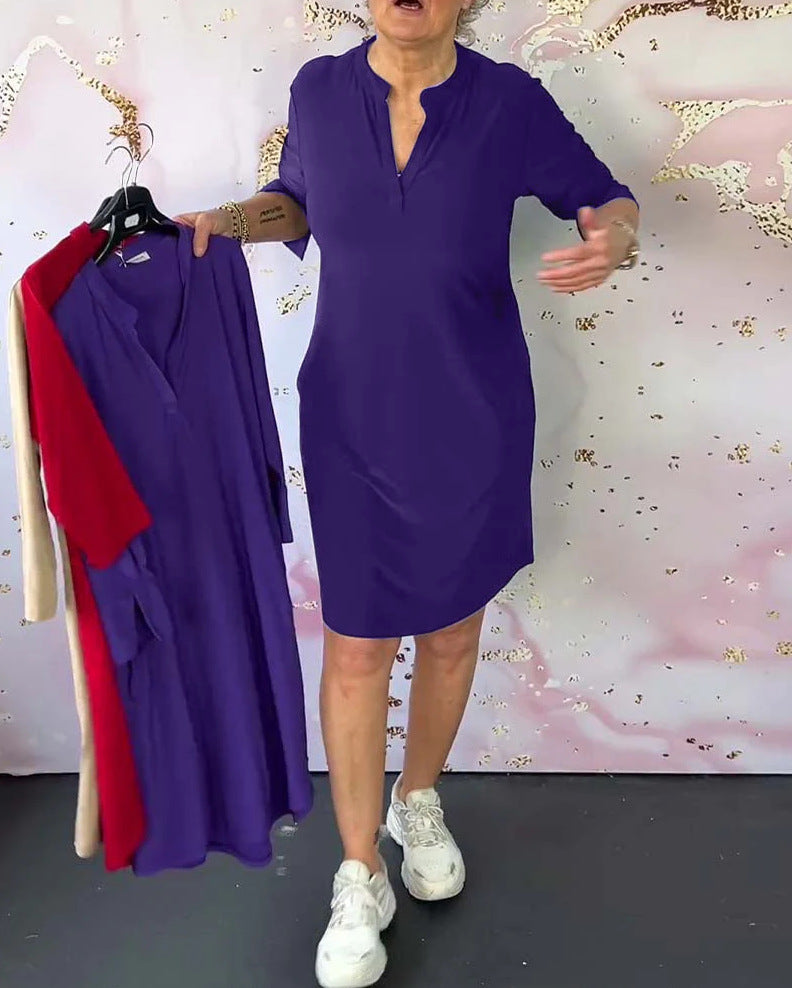 Women's navy knee-length shift dress made of elastic jersey with stand-up collar and V-neck StylebySassy