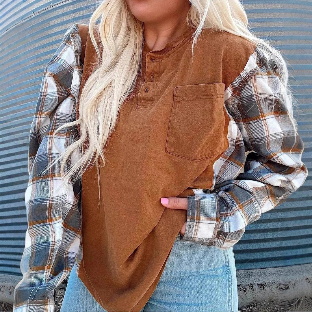 Women's nan further Henley pullover in layered look with checked sleeves and chest pocket StylebySassy