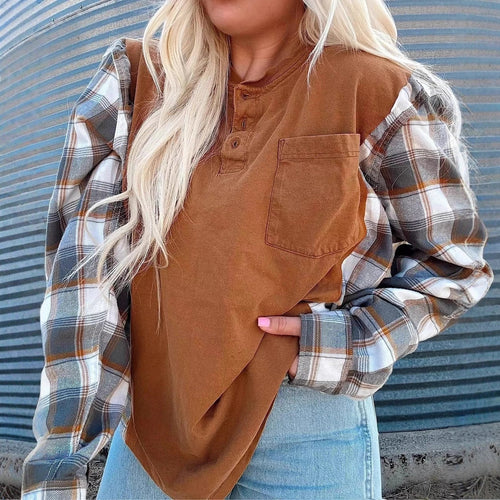 Women's nan further Henley pullover in layered look with checked sleeves and chest pocket StylebySassy