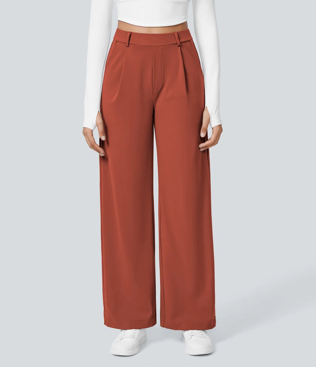 Ladies high-waisted pleated trousers with wide leg, belt loops and side pockets StylebySassy