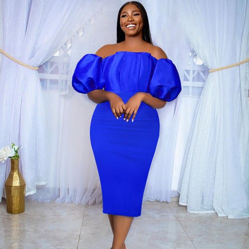 Ladies fitted dress with off-shoulder design and voluminous puff sleeves StylebySassy