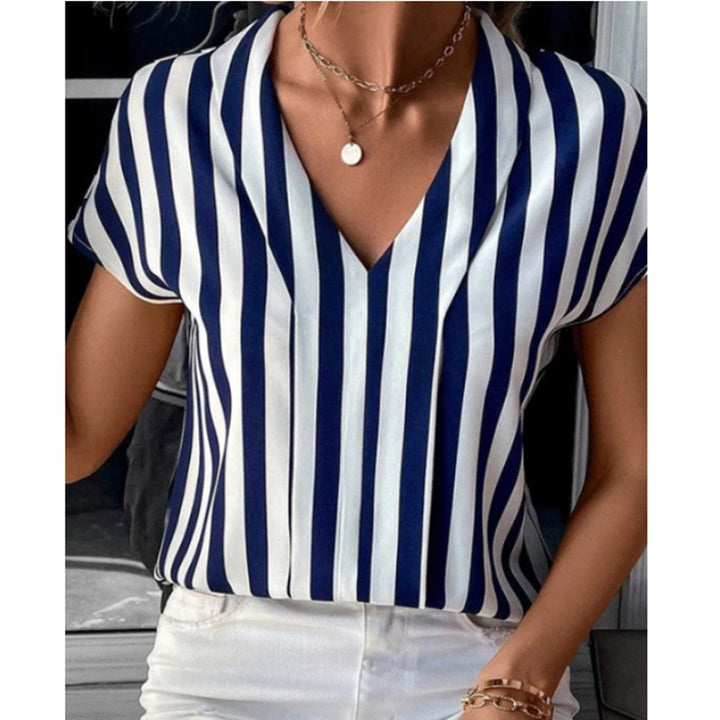 Women nan V-neck blouse with vertical stripe pattern and cap sleeves StylebySassy