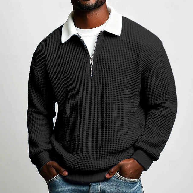 Men's structured waffle knit pullover with polo collar and short zipper StylebySassy