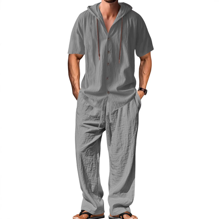 Men's airy linen lounge set with short-sleeved hoodie and straight relaxed pants StylebySassy