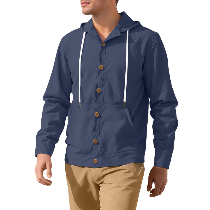 Men's lightweight hoodie jacket with button placket, kangaroo pocket, and drawstring StylebySassy