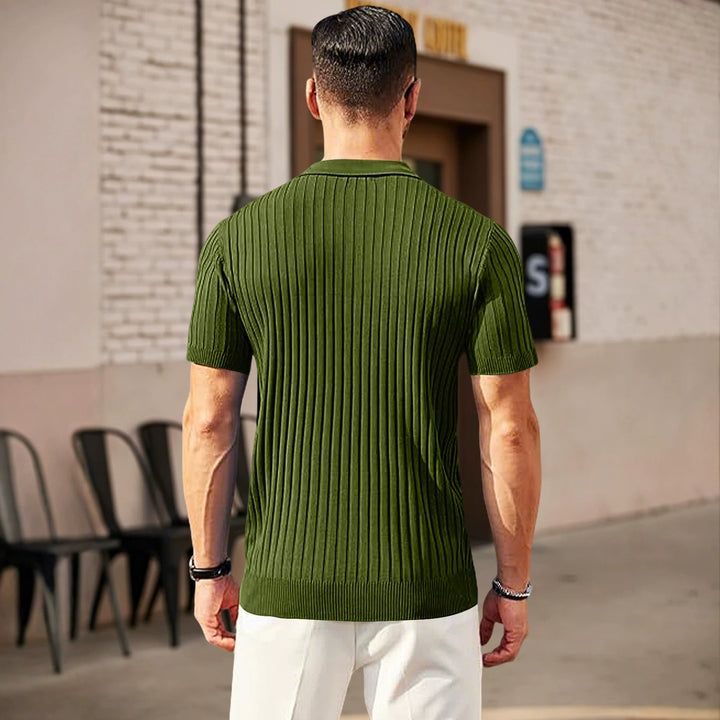 Men's elegant structured short sleeve knit polo with short metal zipper and shirt collar StylebySassy