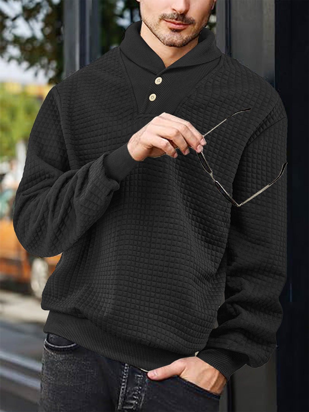 Men's elegant knitted pullover with shawl collar, button placket at neckline and check waffle texture StylebySassy