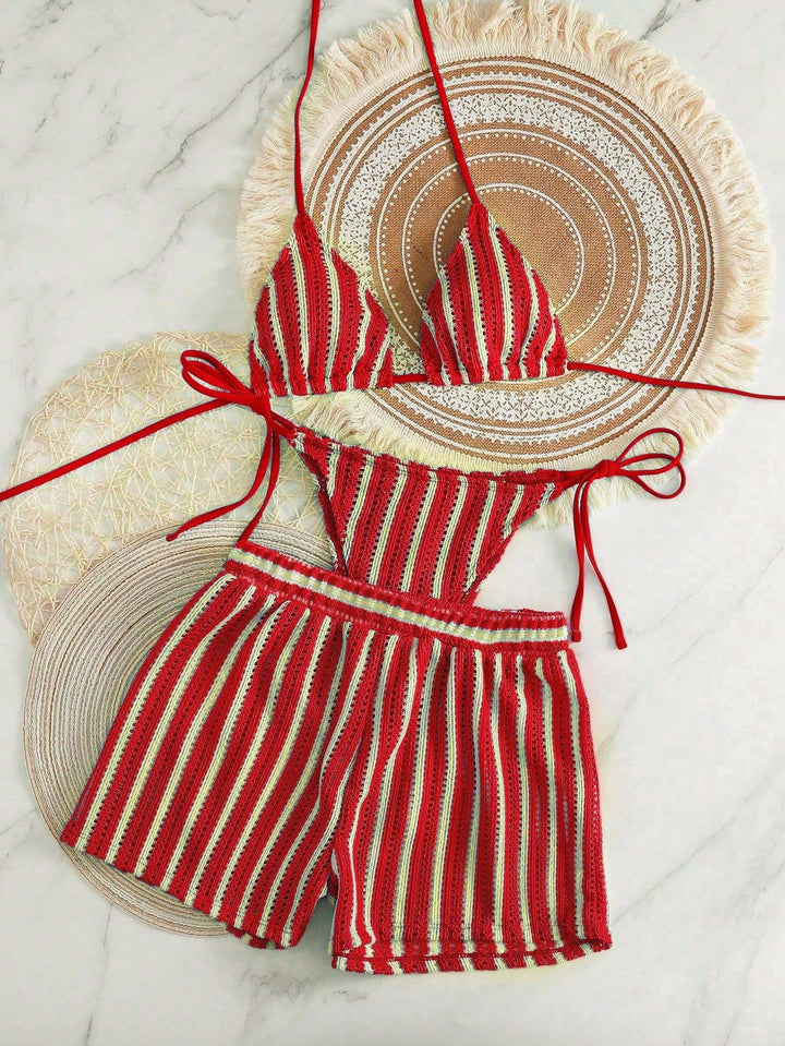 Women's bikini set with striped design and casual shorts StylebySassy