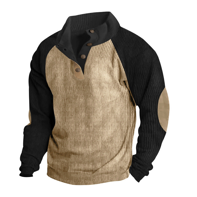 Men's corduroy half-button pullover with high collar, raglan sleeves and elbow patches StylebySassy