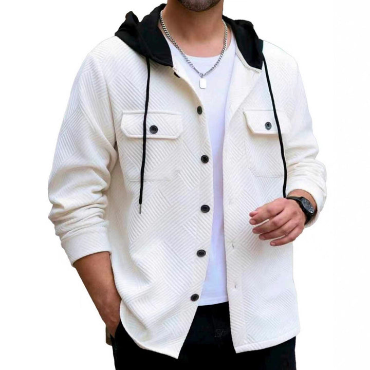 Men's structured overshirt jacket with quilted diagonal structure, contrast hood, and patch chest flaps StylebySassy