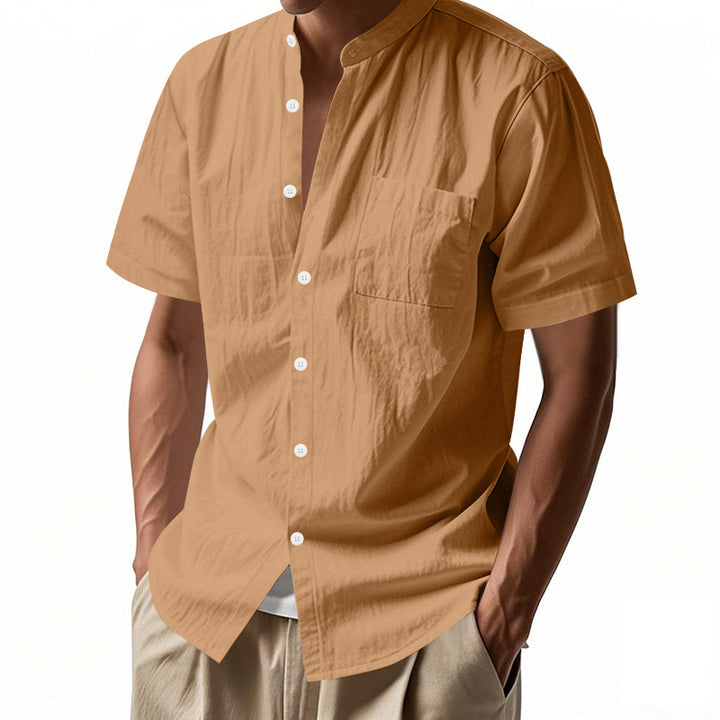 Men's nan legeres short-sleeve linen blend shirt with stand-up collar, chest pocket, and continuous button placket StylebySassy