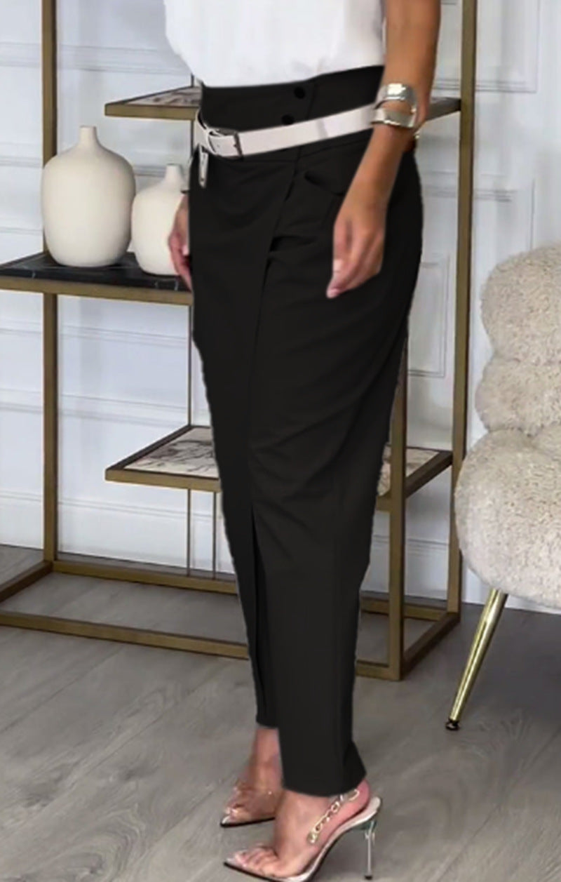 Women's high-waisted ankle-length pencil skirt with front pleat and side pockets StylebySassy