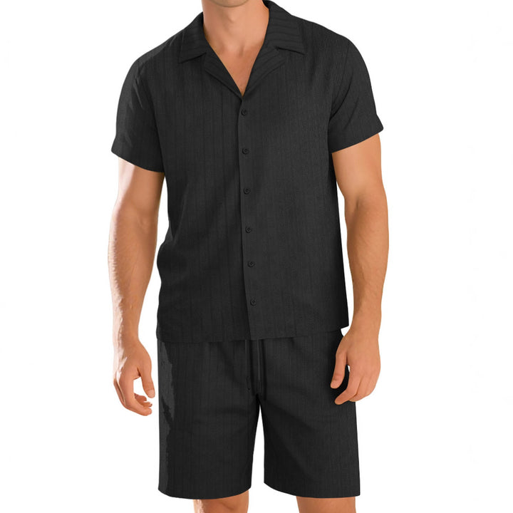 Men's ribbed knit lounge set with lapel collar short-sleeve shirt and comfort bermuda StylebySassy
