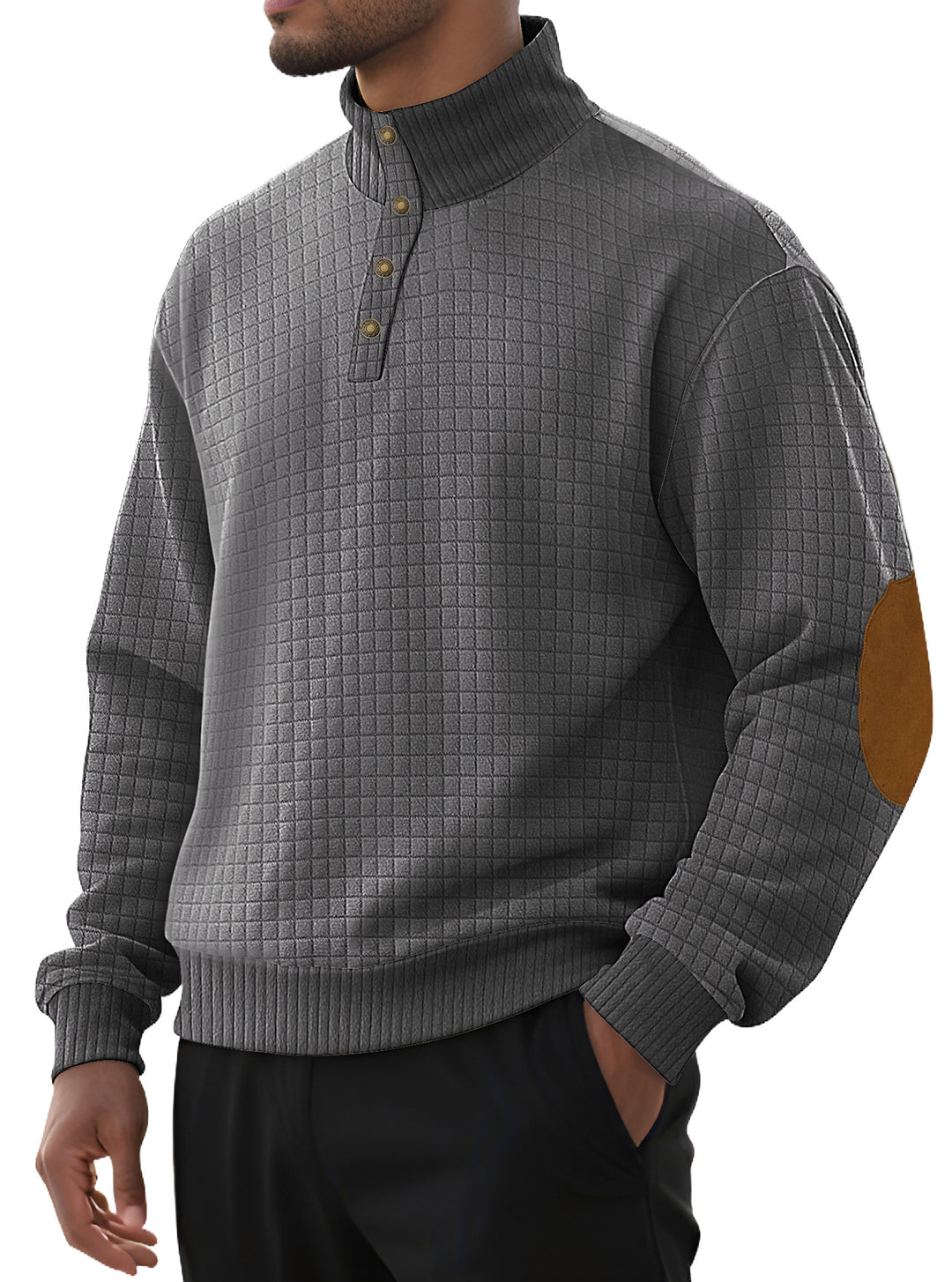 Men's plaid quilted sweatshirt with Henley placket, high stand-up collar, and velour elbow patches StylebySassy