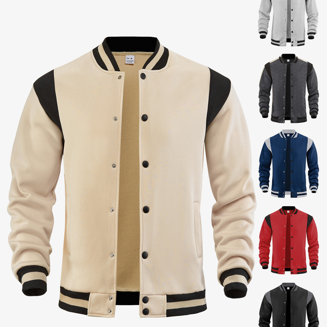 Men's light baseball jacket in sweat quality with snap button placket, ribbed collar and contrasting shoulder yoke StylebySassy