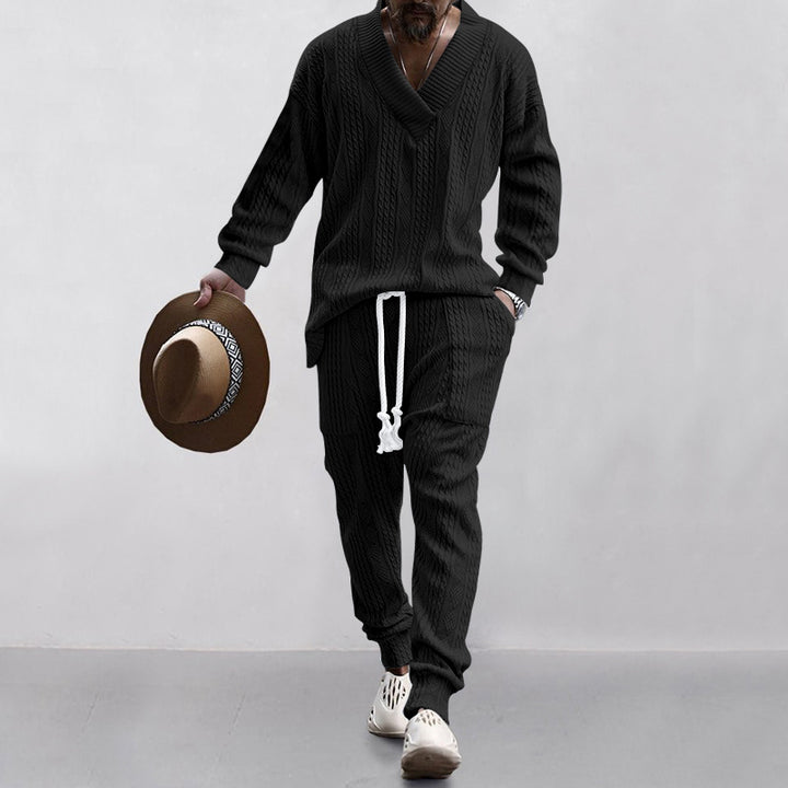 Men's comfortable cable knit set with deep V-neck, drawstring joggers and cuff StylebySassy