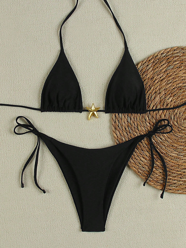 Women's Triangle Bikini Set with Adjustable Straps and Decorative Jewelry Element StylebySassy