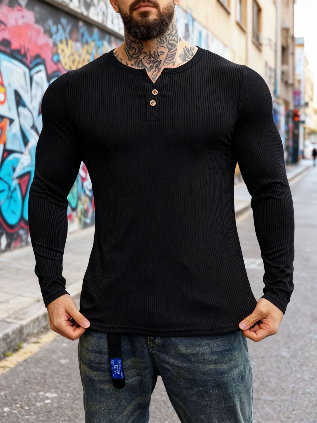 Men's ribbed long-sleeve Henley shirt with flat button placket and fitted stretch fit StylebySassy