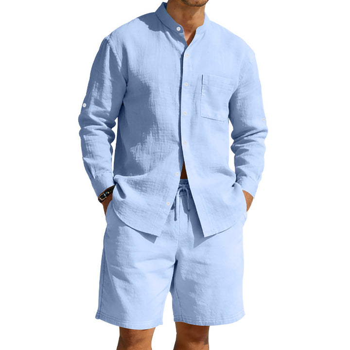 Men's casual linen set with stand collar shirt and drawstring shorts StylebySassy