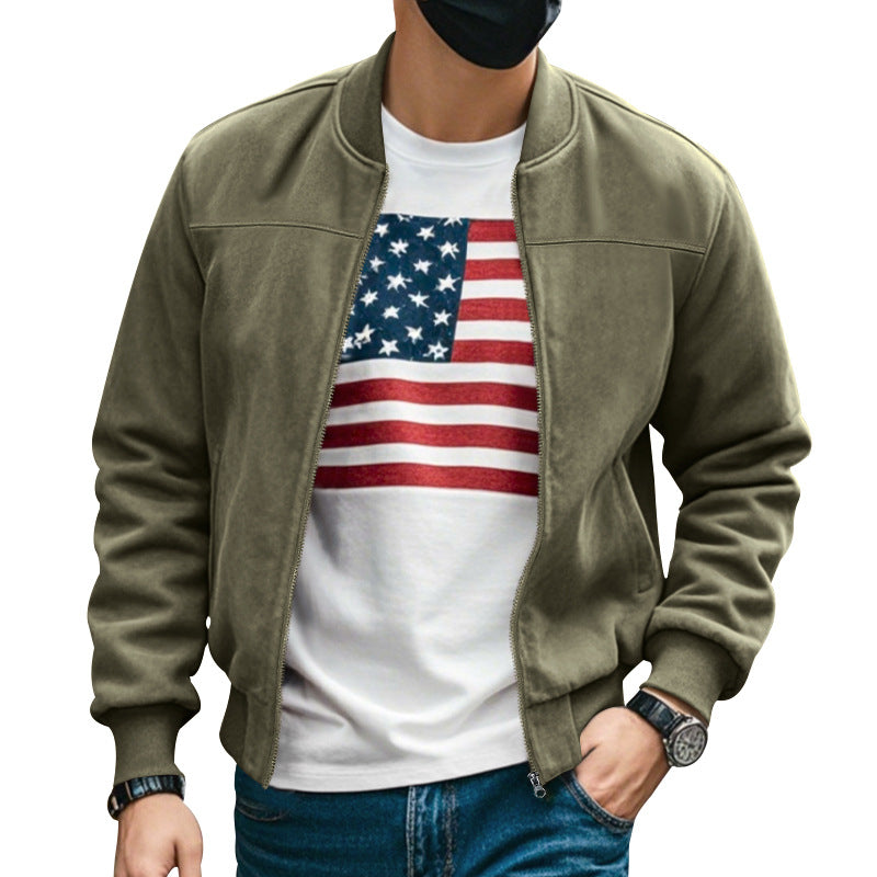 Men's suede look bomber jacket with zipper and ribbed cuffs StylebySassy