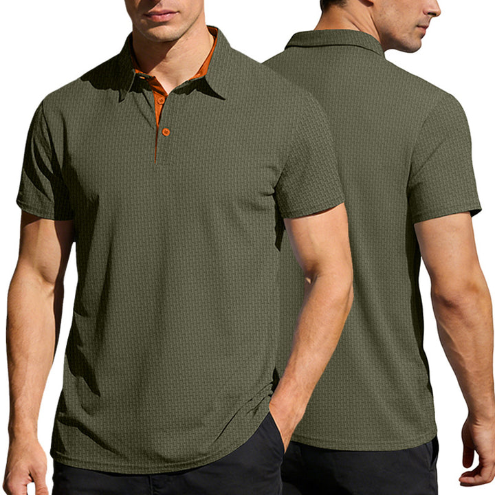Men's finely textured polo shirt with shirt collar, contrast inner placket, and side slits StylebySassy