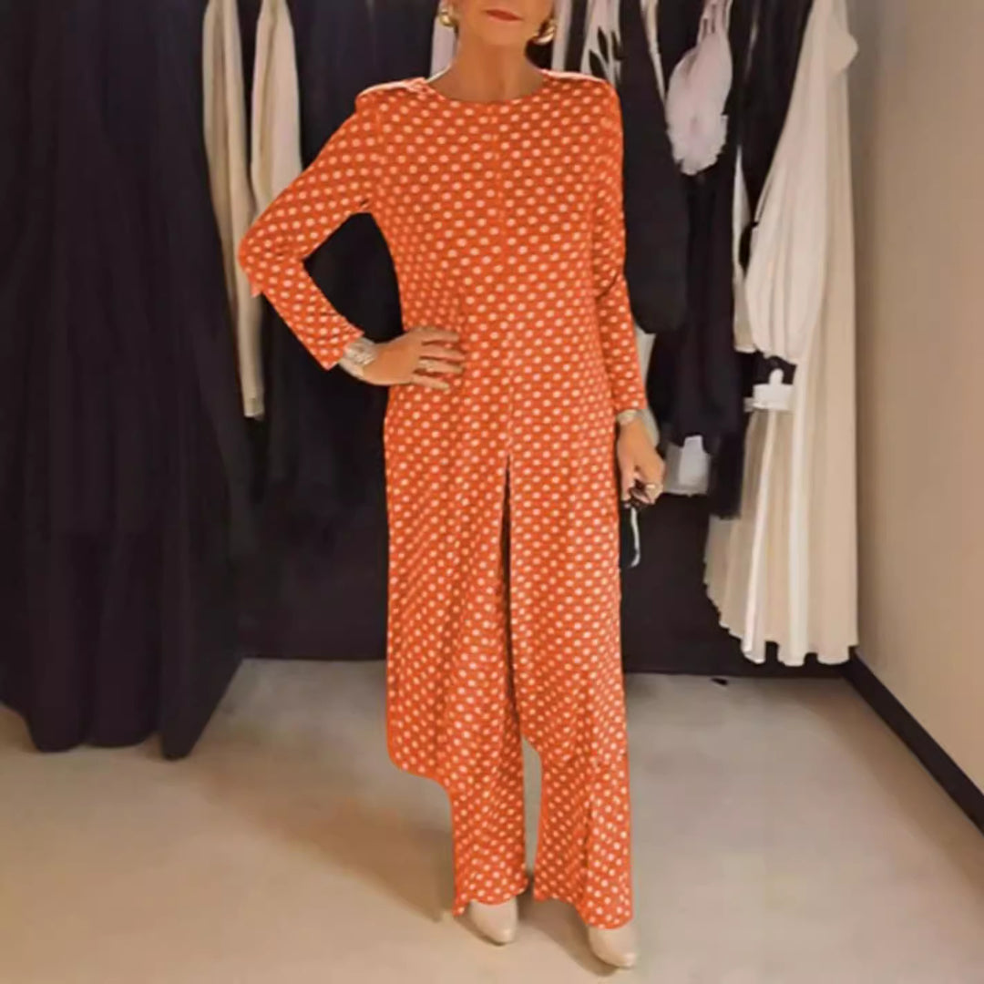 Women Nan Polka Dot Lounge Set with Long A-Line Tunic, Center Front Slit, and Wide Palazzo Pants StylebySassy