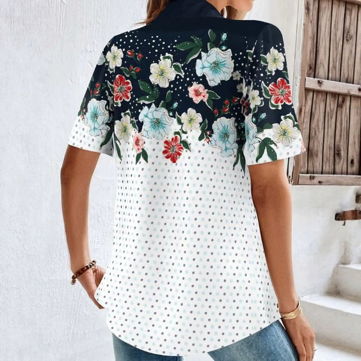 Women's Short Sleeve Polo Collar Tunic with Floral Yoke and Allover Polka Dot Print StylebySassy