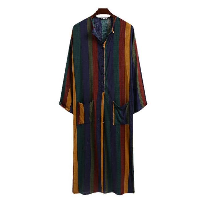 Women’s loose maxi linen dress with full button placket, round neckline, and patch pockets StylebySassy