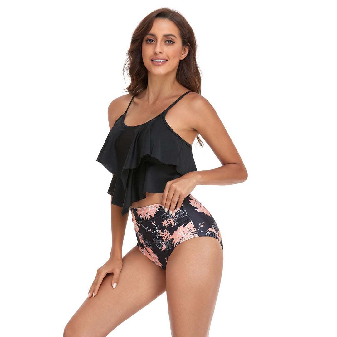 Women's tankini set with flowing ruffle design and figure-hugging bikini bottom StylebySassy