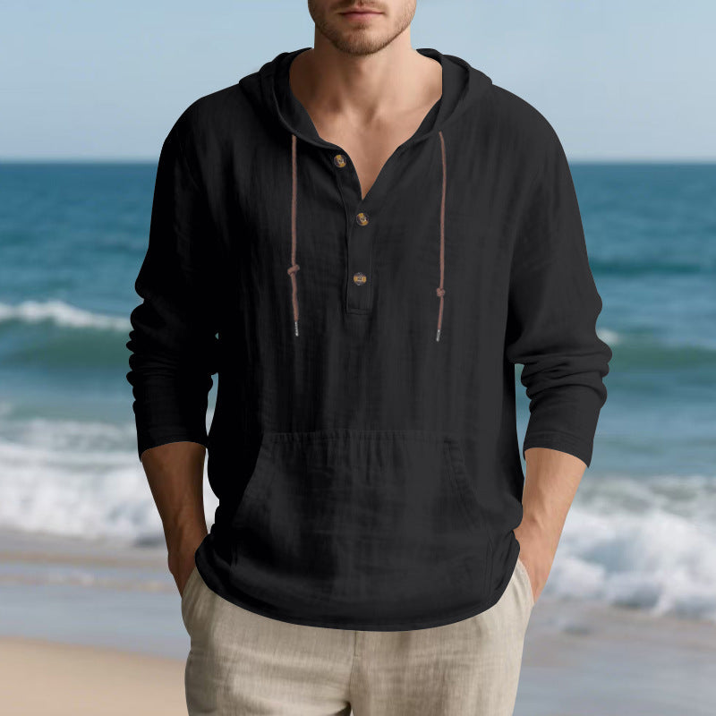 Men's lightweight hooded henley made of linen-cotton blend with kangaroo pocket and button placket StylebySassy