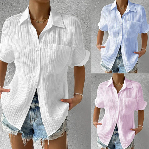 Women's crinkle effect shirt blouse with breast pocket, rolled sleeves and loose fit StylebySassy