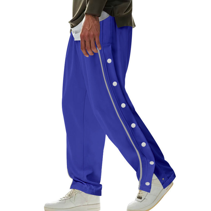 Men's wide training pants with side snap button placket, contrast stripes, elastic waistband, and straight leg StylebySassy
