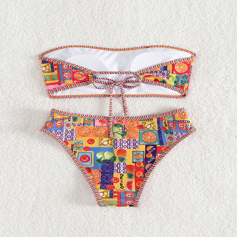 Ladies bandeau bikini with fruity pattern and decorative contrasting seams StylebySassy