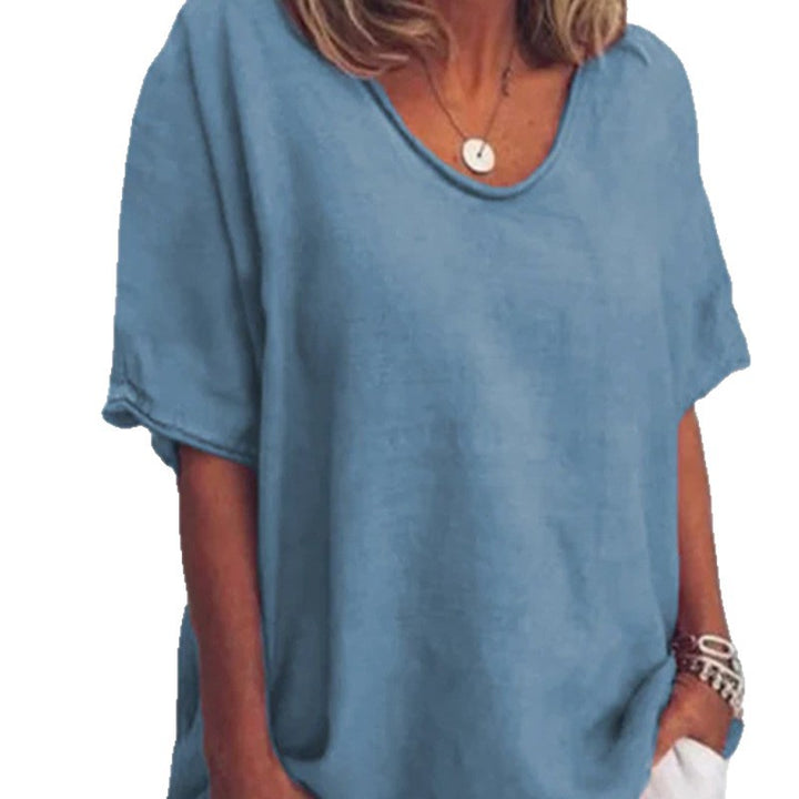 Women's loose linen blend tunic with dropped shoulder and rounded hem StylebySassy