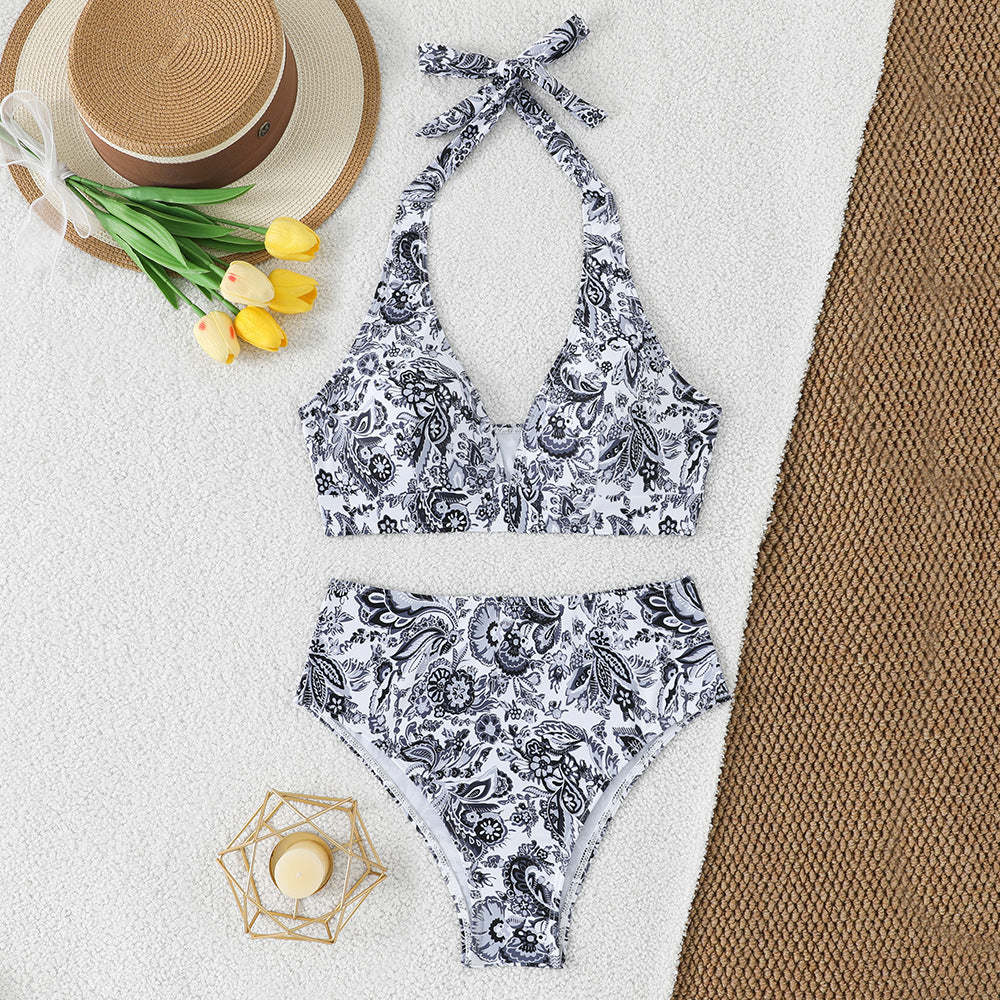 Women's High-Waisted Bikini Set with Floral Design and Playful Halter Top StylebySassy