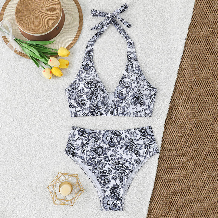 Women's High-Waisted Bikini Set with Floral Design and Playful Halter Top StylebySassy