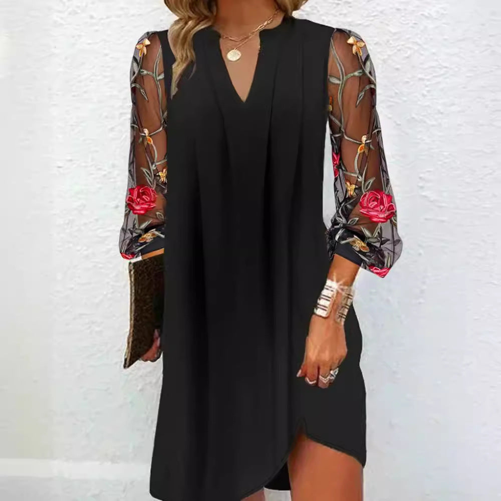 Ladies A-line dress with embroidered transparent sleeves and V-neck StylebySassy