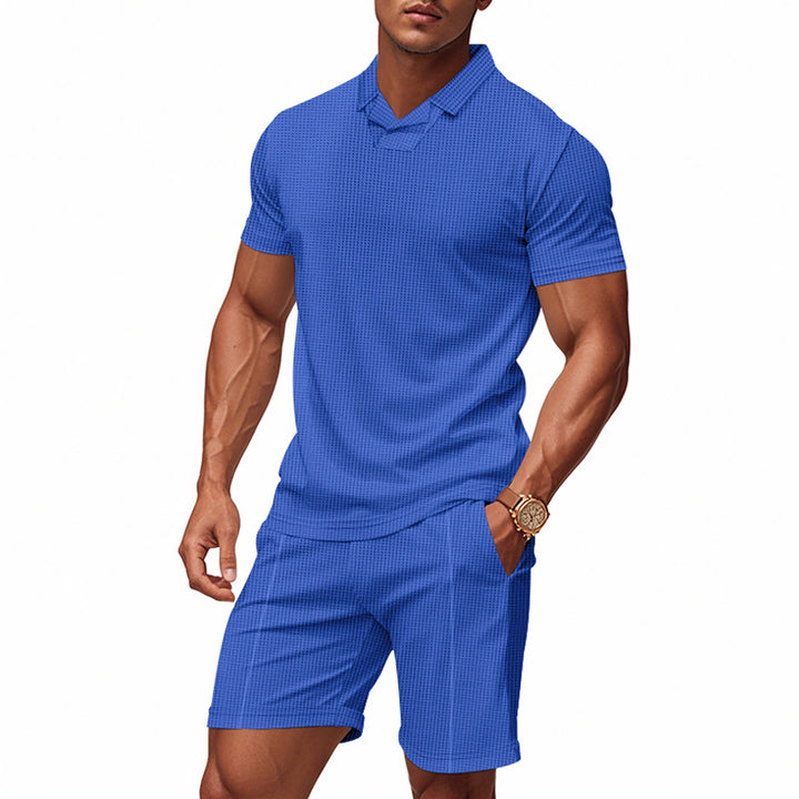 Men's casual waffle structured leisure set with lapel collar short sleeve shirt and elastic leisure shorts StylebySassy