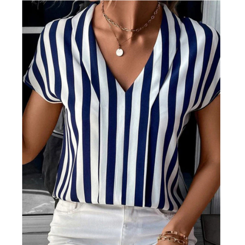 Women's V-neck blouse shirt with vertical striped pattern and flowing satin look StylebySassy