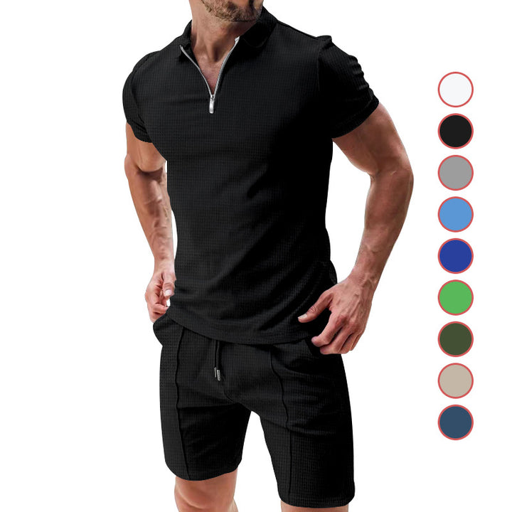 Men's casual polo shirt and chino shorts set with half zipper, textured jersey and subtle crease StylebySassy