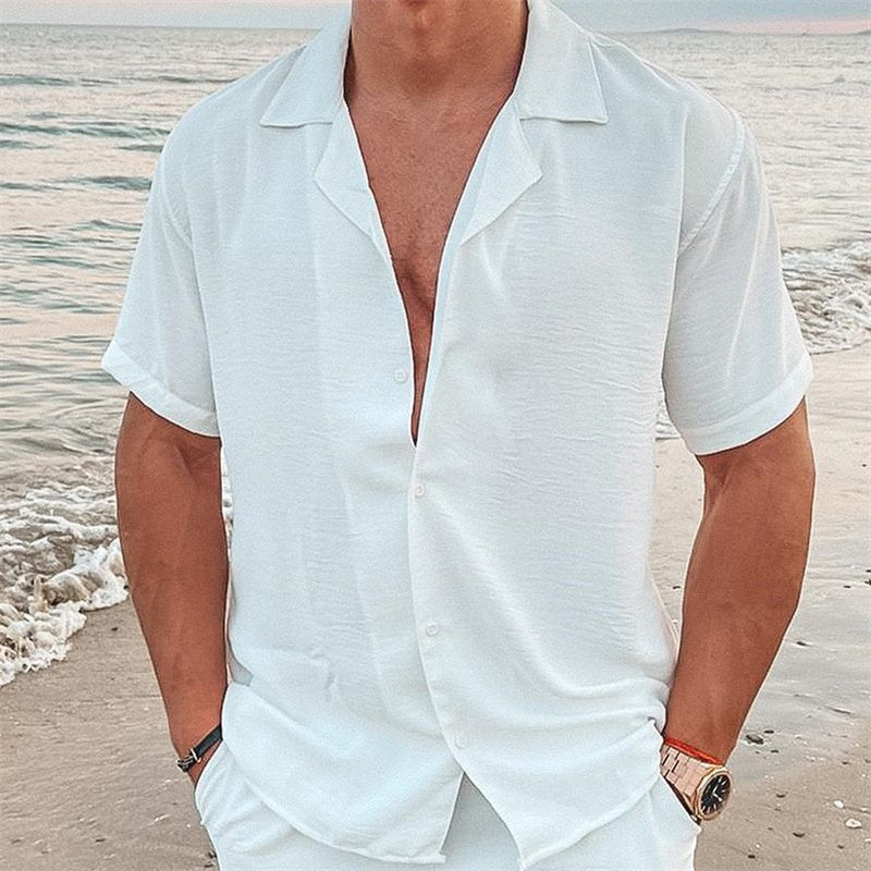Men's airy beach shirt made of linen blend with lapel collar and open button placket StylebySassy