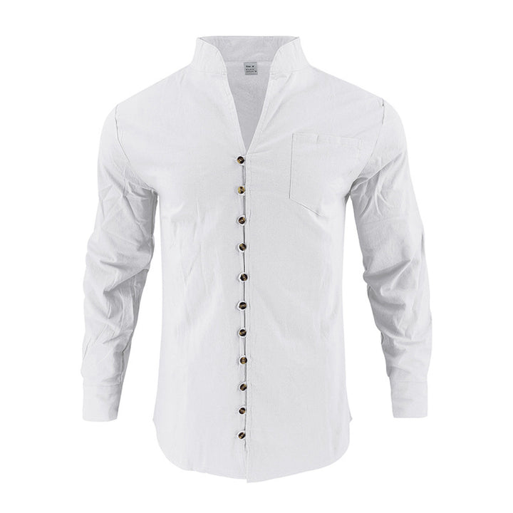 Men's lightweight linen shirt with stand-up collar, full button placket, and patch chest pocket StylebySassy