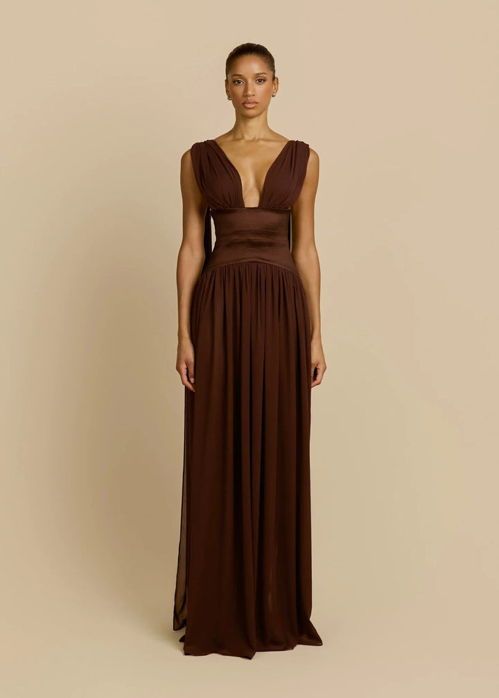 Women Elegant Long Sleeve Maxi Dress with Deep V-Neck StylebySassy